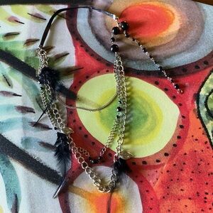 Vintage layered chain feather leather strap necklace